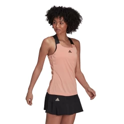 Adidas Women's Tennis Primeblue Aeroknit Y-Tank Top (Ambient Blush) -Tennis Equipment Store H31426 APP on model walking white