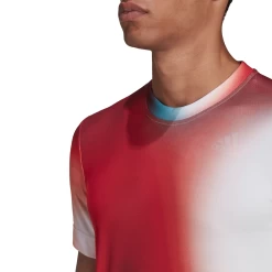 Adidas Men's Melbourne FreeLift Printed Top (White/Vivid Red/Black) -Tennis Equipment Store H67126 APP on model detail 2 white