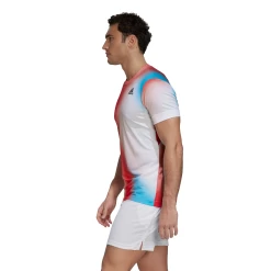 Adidas Men's Melbourne FreeLift Printed Top (White/Vivid Red/Black) -Tennis Equipment Store H67126 APP on model side white