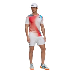 Adidas Men's Melbourne FreeLift Printed Top (White/Vivid Red/Black) -Tennis Equipment Store H67126 APP on model standard outfit white