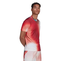 Adidas Men's Melbourne FreeLift Printed Top (White/Vivid Red/Black) -Tennis Equipment Store H67126 APP on model walking white